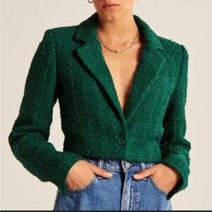 Abercrombie & Fitch Women's Emerald Blazer green crop tweed XL business casual
